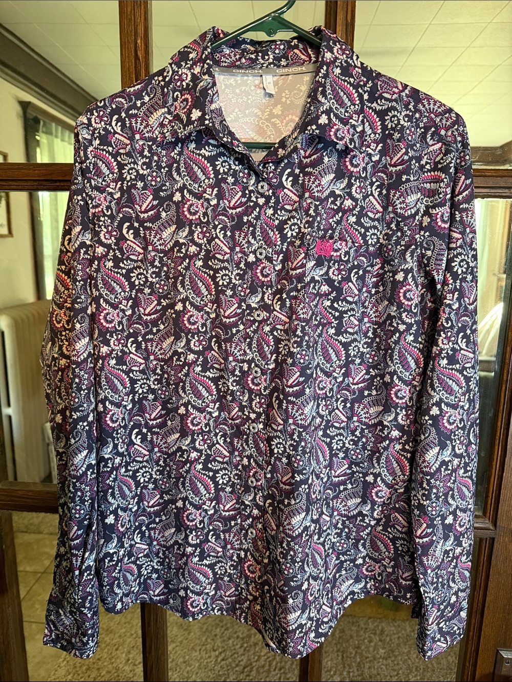 Cinch Womens Navy Pink Paisley Long Sleeve Button Down Western Shirt Small